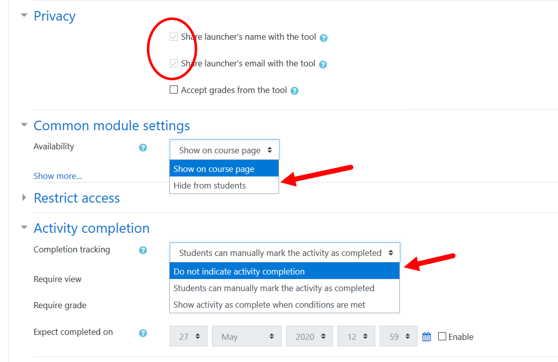 Add external tool page with Privacy options, Availability and Completion options identified for steps as described