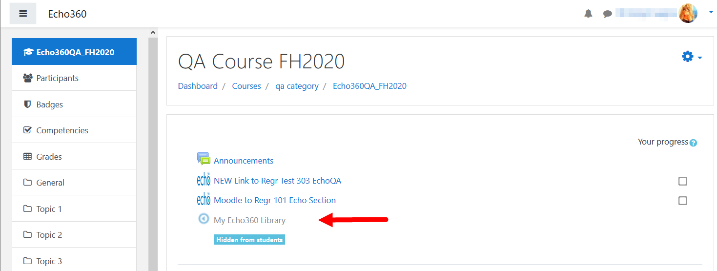Moodle course with link to Echo360 library identified as described