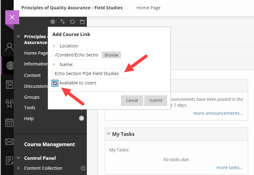 Add course link dialog box with selected link name showing and Available to Users checkbox enabled as described