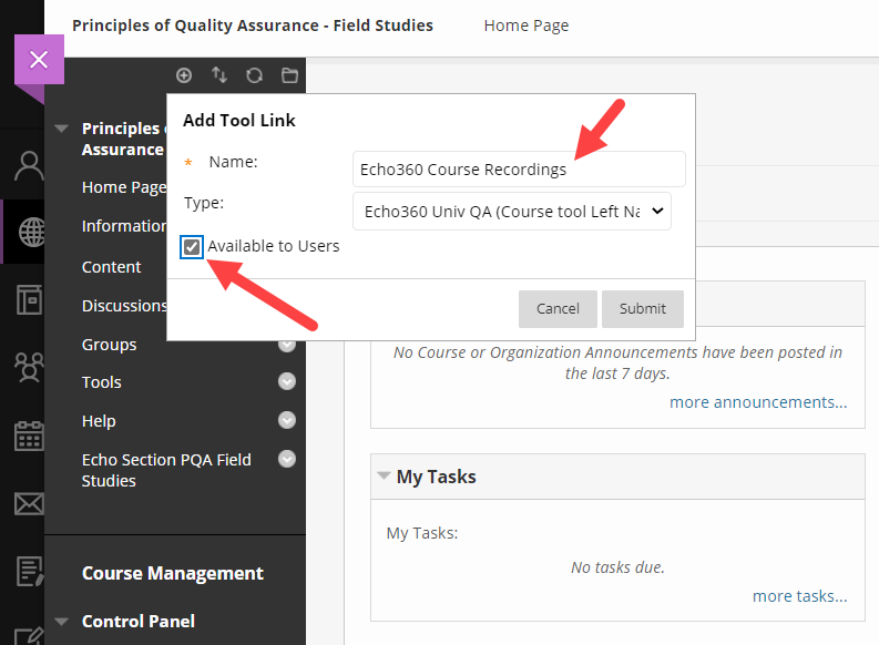 Completed add tool link dialog box with name and tool type selected and available to users checkbox enabled as described