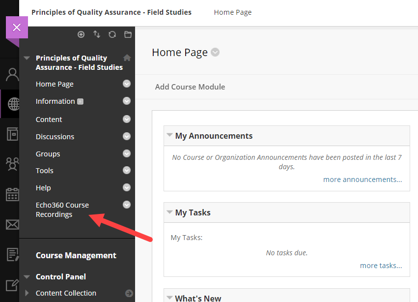 Blackboard course navigation list with newly created course tool to Echo360 identified as described