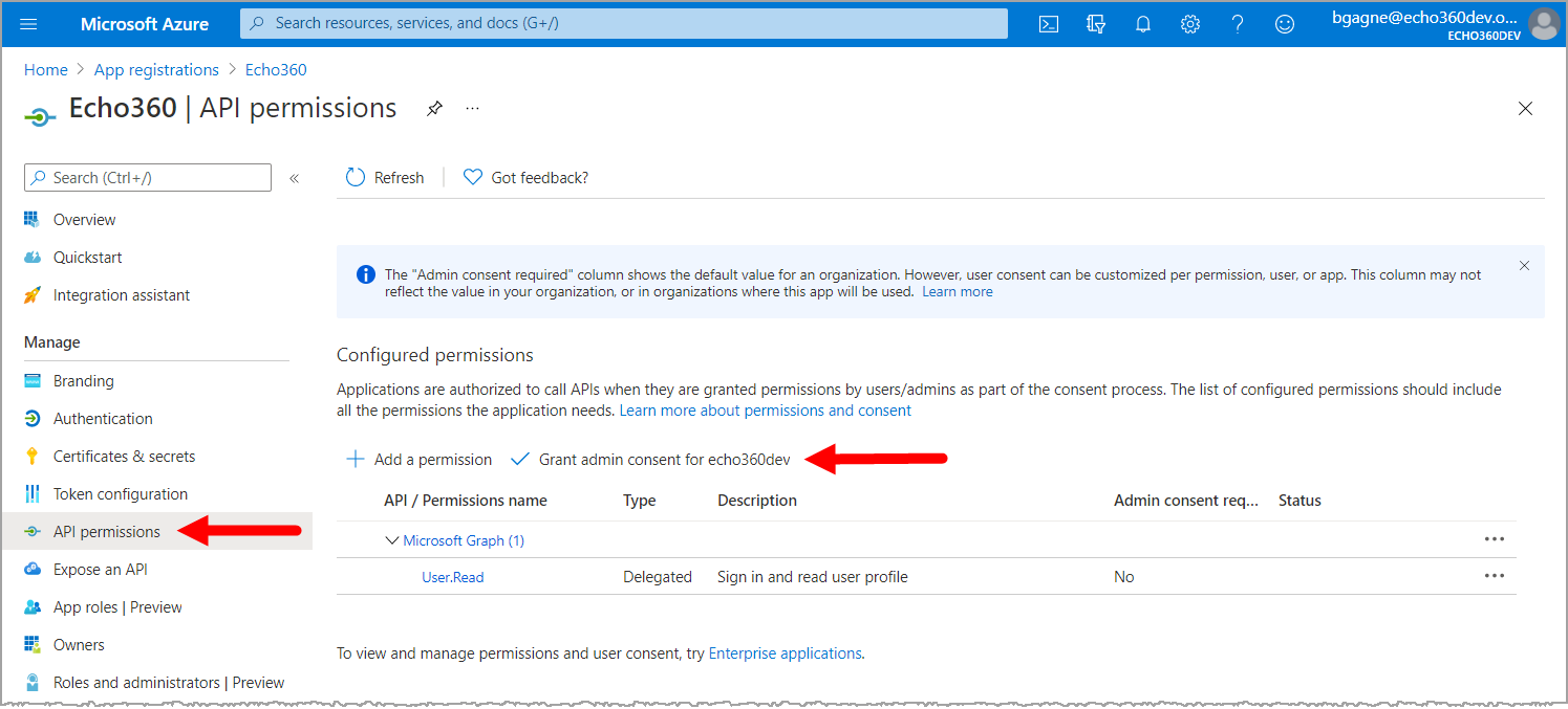 API permissions page of registered application with grant admin consent selection identified for steps as described