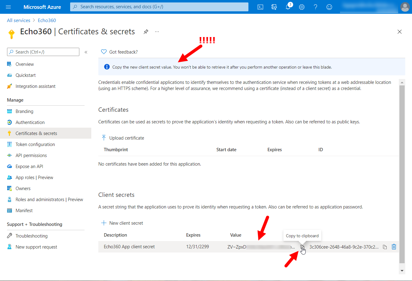 Certificates and secrets page with new client secret shown including secret value with copy icon for use as described