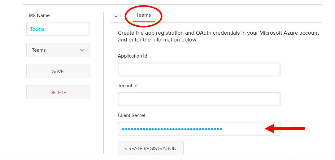 Teams configuration block in Echo360 with teams tab shown and secret field populated with value from Azure as described