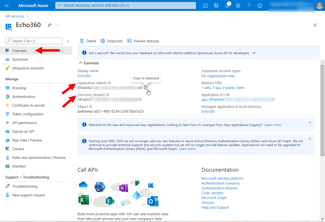 Azure administrator portal showing Echo360 app overview and ID fields for App ID and Tenant ID identified for copy as described