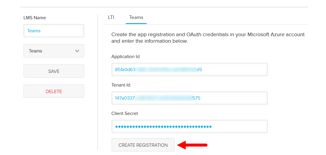 Teams configuration block in Echo360 with all values completed and Create Registration button identified as described