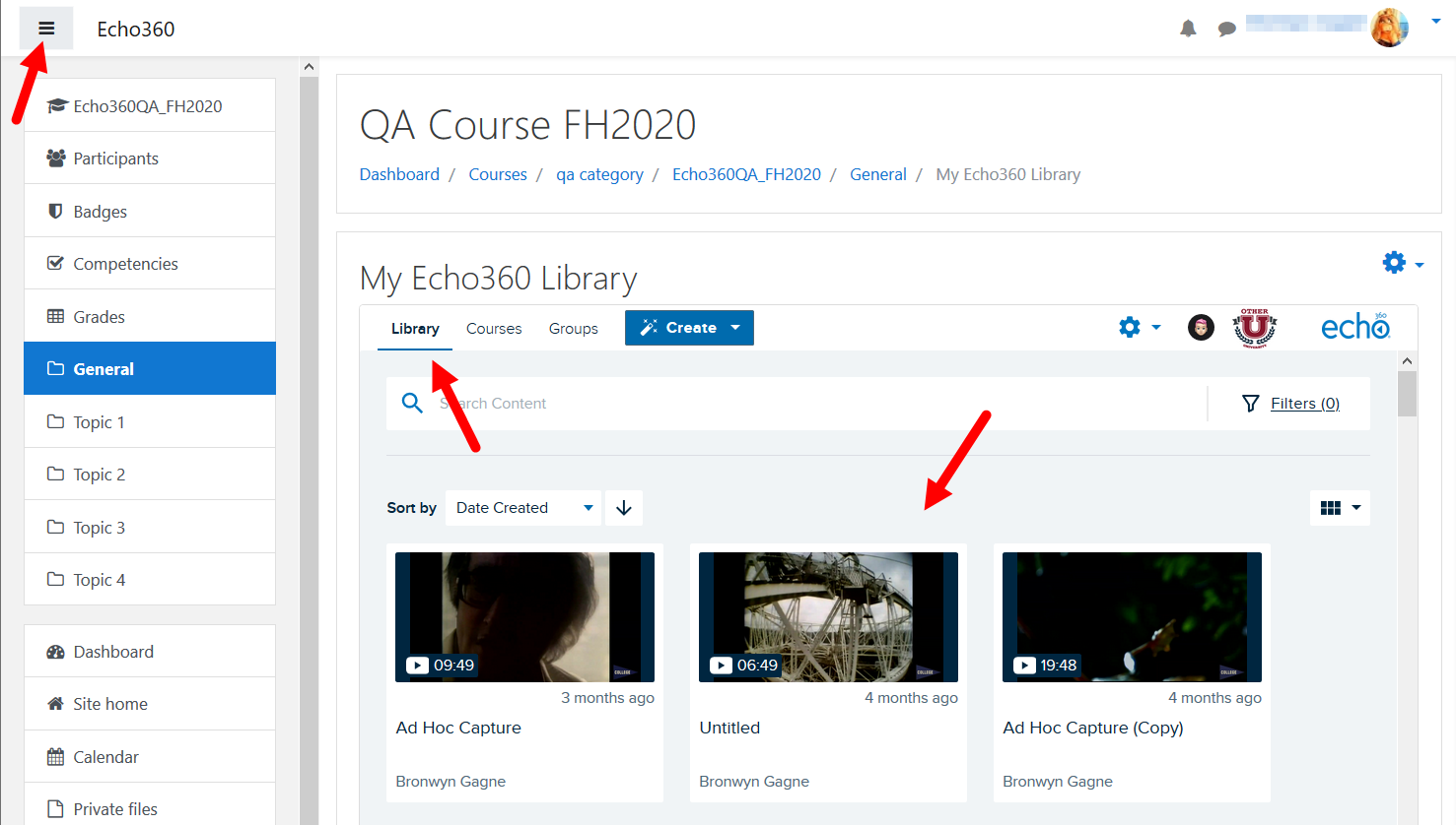 Moodle course page with Echo360 library open in main section of the page as described