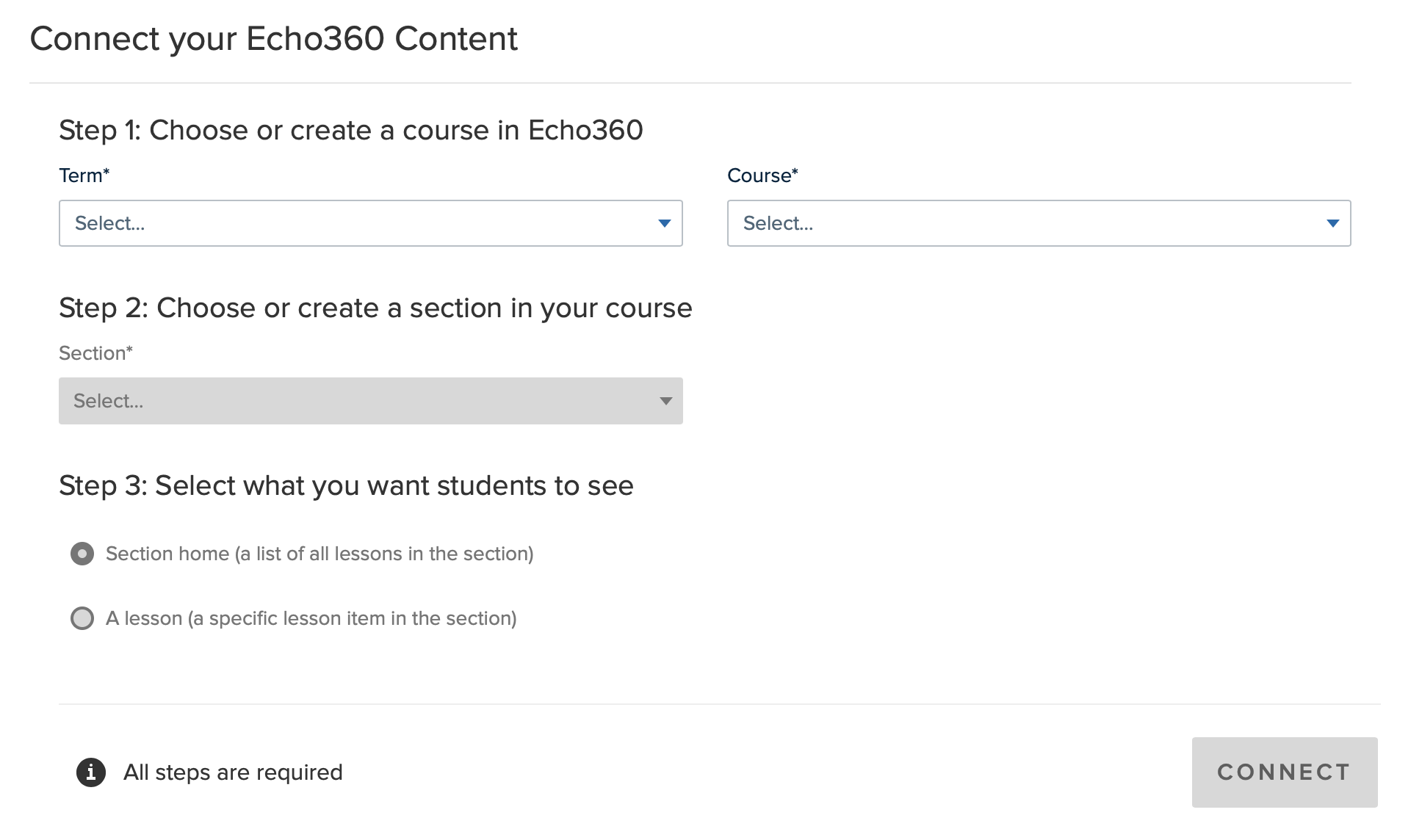 select a section page showing linking options for LMS as described