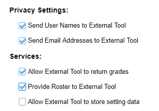 Sakai External Tool configuration form privacy and services settings as described
