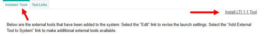 Sakai installed Tools list with Install LTI 1.1 Tool link identified for steps as described