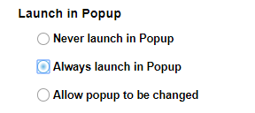 Sakai external tools settings with Launch in Popup section shown as described