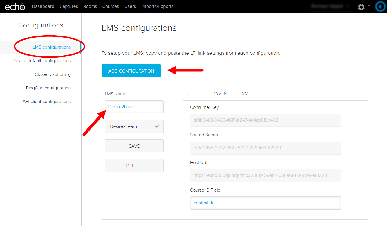 LMS configurations page with Add Configuration button identified and a Desire2Learn LMS Configuration block showing