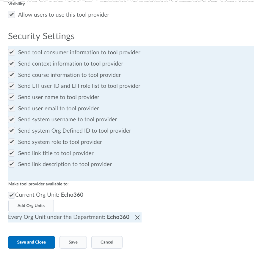 Security Settings section of the New Tool Provider form with all options checked as recommended