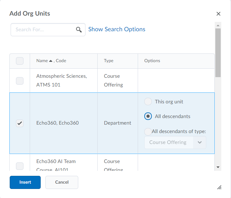 Organizational unit list with Echo360 department enabled and All descendants option selected as described