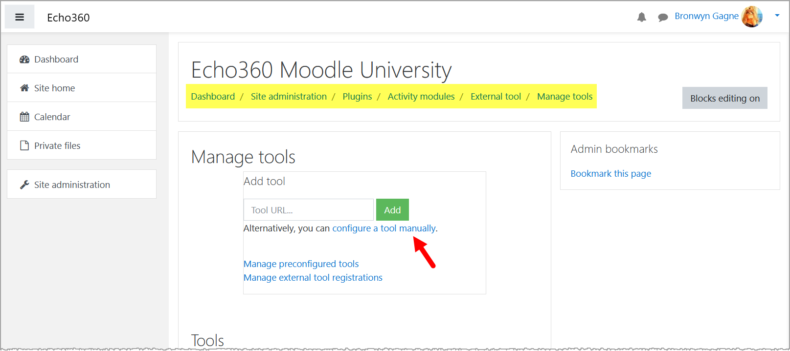 Moodle Manage Tools page with navigation breadcrumbs and Configure tool manually link identified for steps as described
