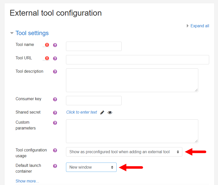 External tool configuration page in Moodle with fields for steps as described