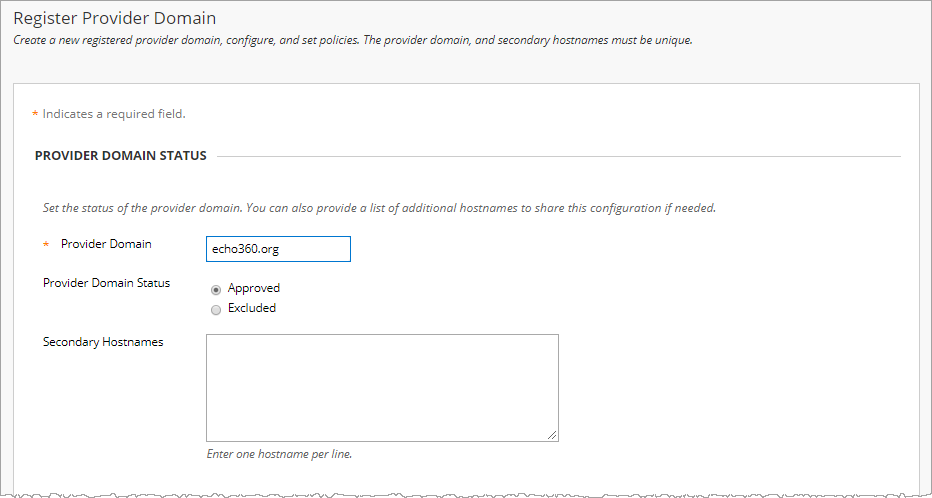 Register Provider Domain form in Blackboard with fields as described