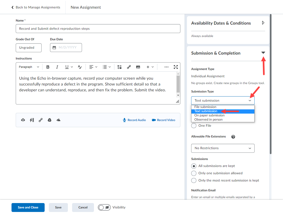 Assignment form with name and instructions provided and Submission & Completion panel open with Text submission option shown for submission type selection as described