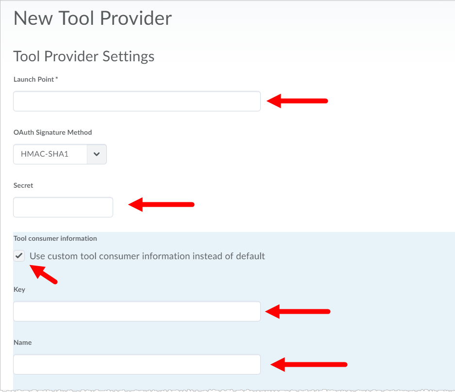 Brightspace New Tool Provider form with required fields identified for steps as described