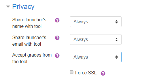 privacy section of external tool configuration page in moodle for steps as described