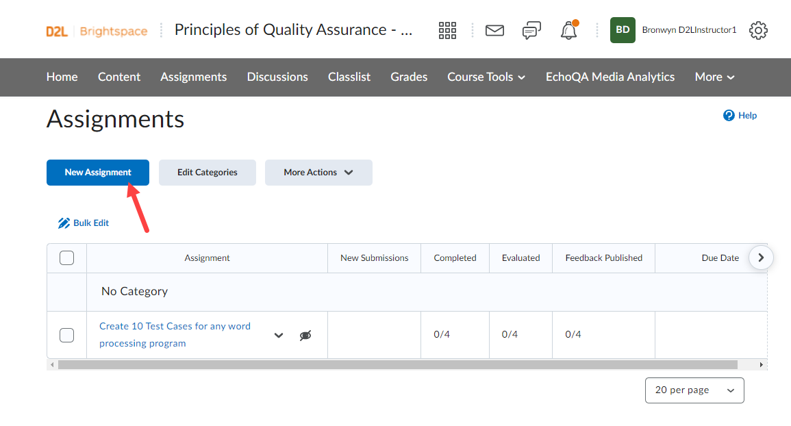 Brightspace assignments page for a course with New Assignment button identified for selection as described