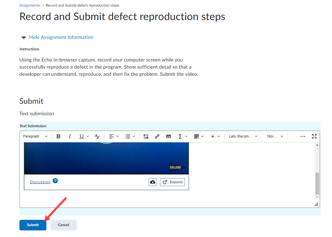 Brightspace assignment content window containing selected embedded media and Submit button identified for steps as described