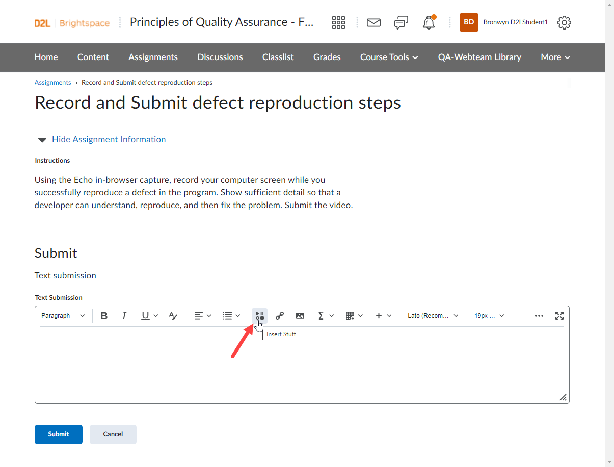 Brightspace assignment with student view of assignment page shown and insert stuff button for content window identified for steps as described