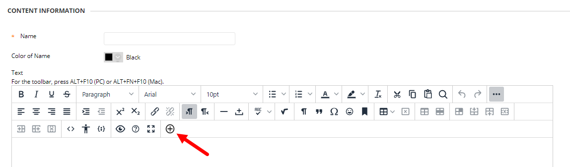 content window toolbar in blackboard with plus button for adding content identified
