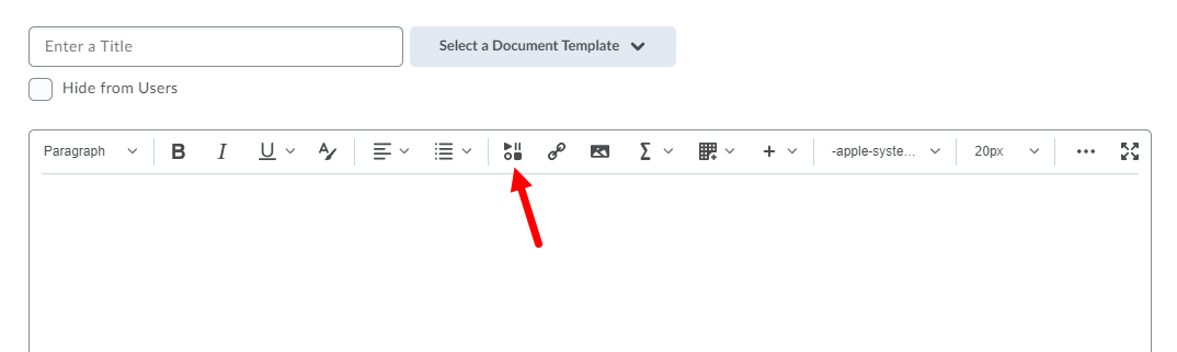 content window toolbar in brightspace with insert stuff button identified