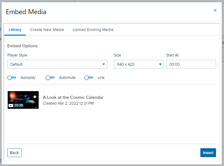 Embed echo360 media dialog box with library media selected showing additional embedded media playback configuration options as described