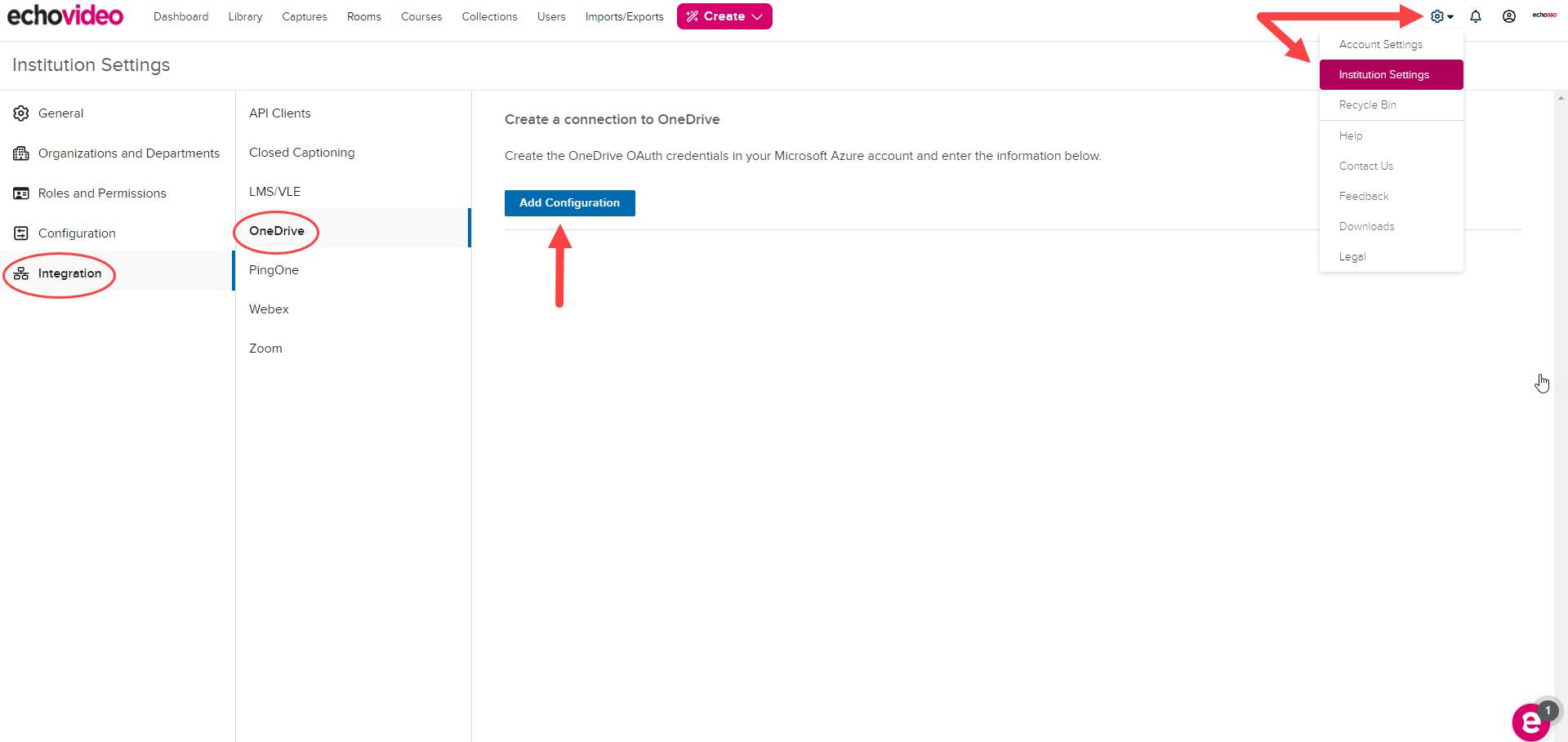 Account Settings page in Echo360 with OneDrive option identified and navigation shown as described