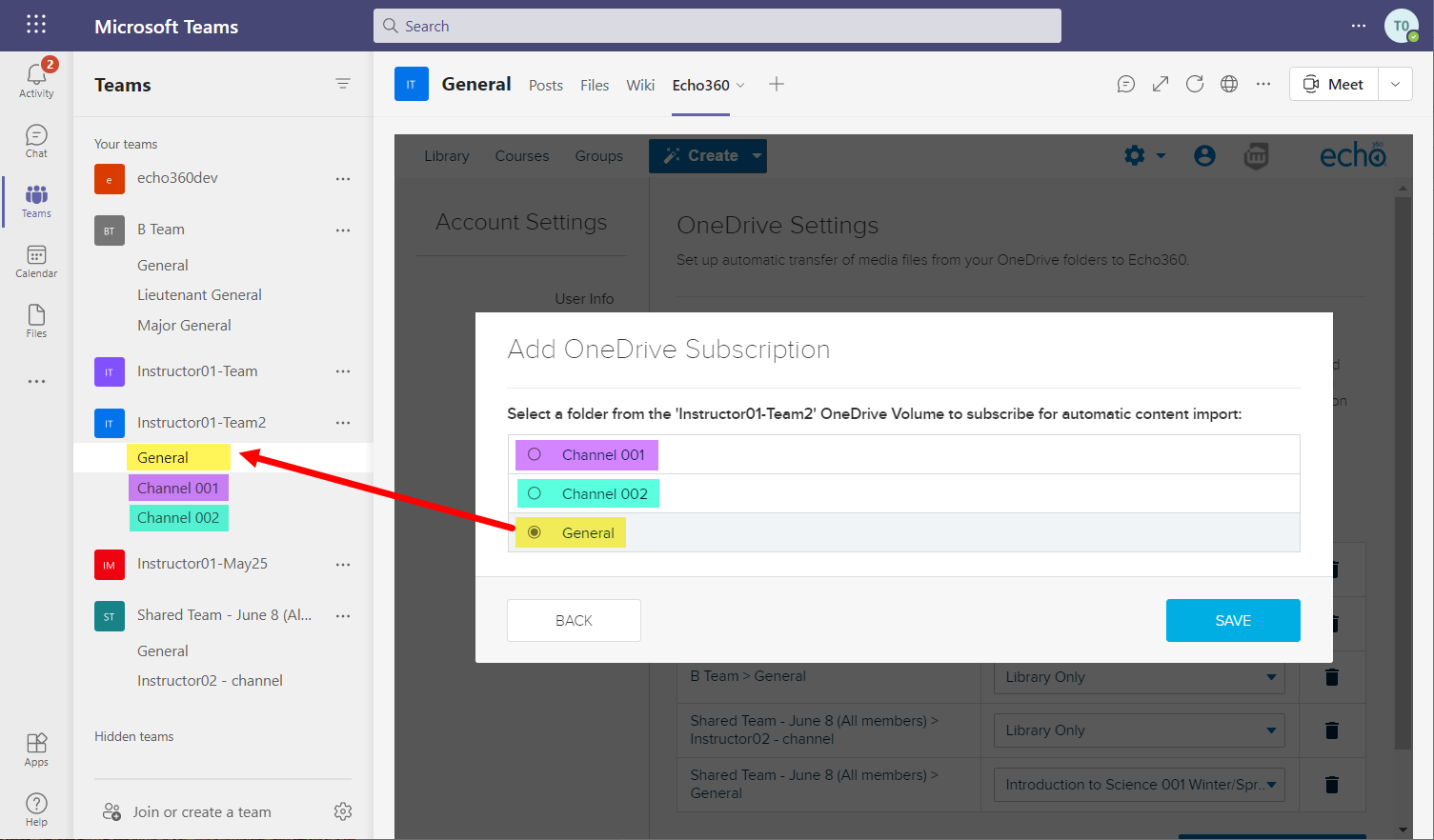 select OneDrive subscription folder list with corresponding team channnels identified with color coding as described