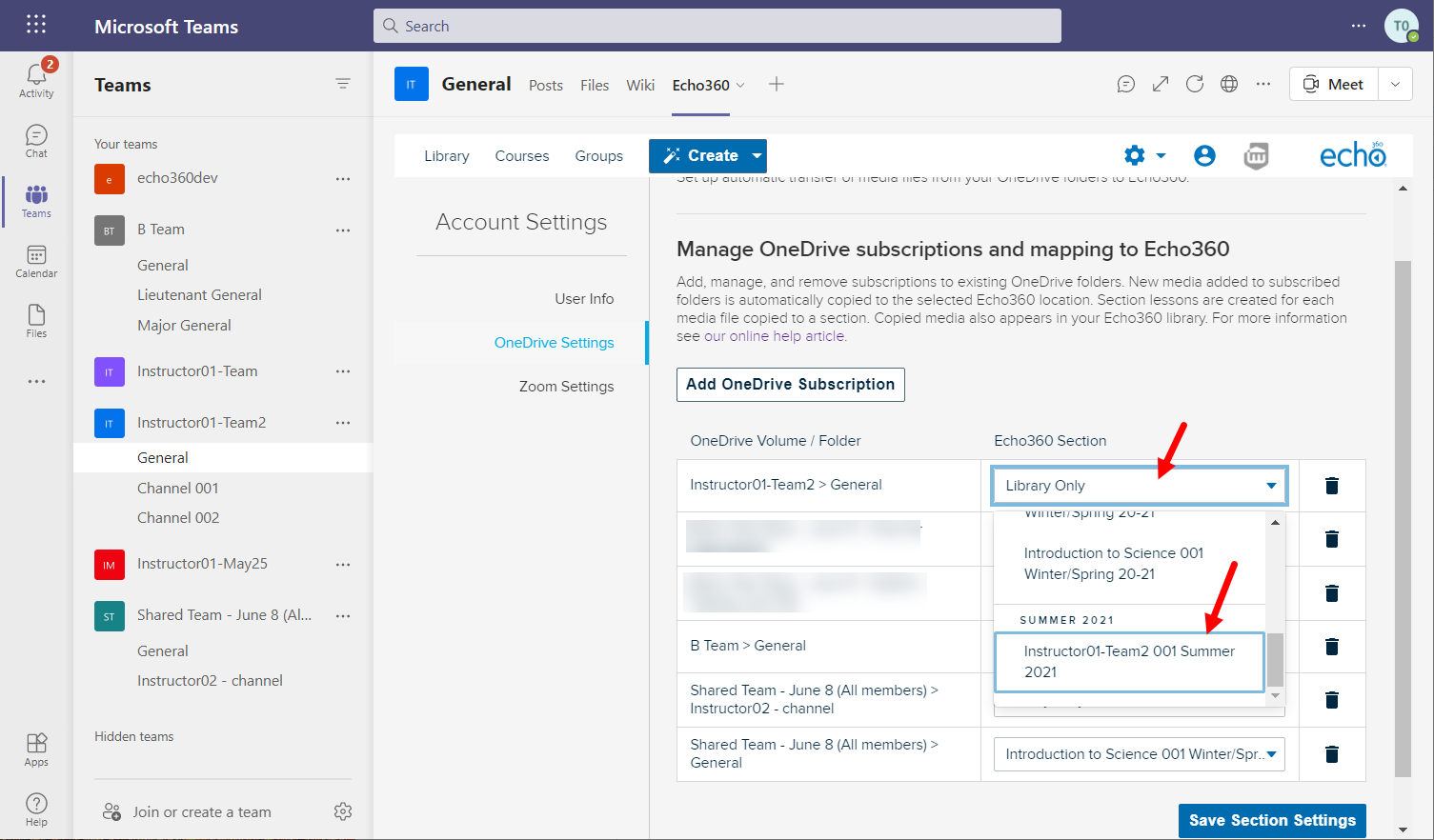 Mapping OneDrive subscription folder to Echo360 section drop-down list identified and open as described