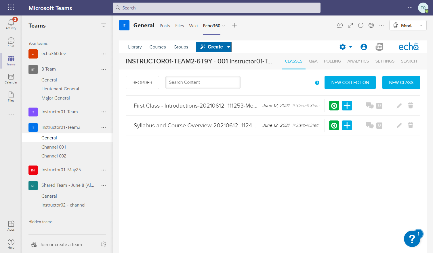 Echo360 section showing two classes with names matching the ingested Teams Meeting recordings as described