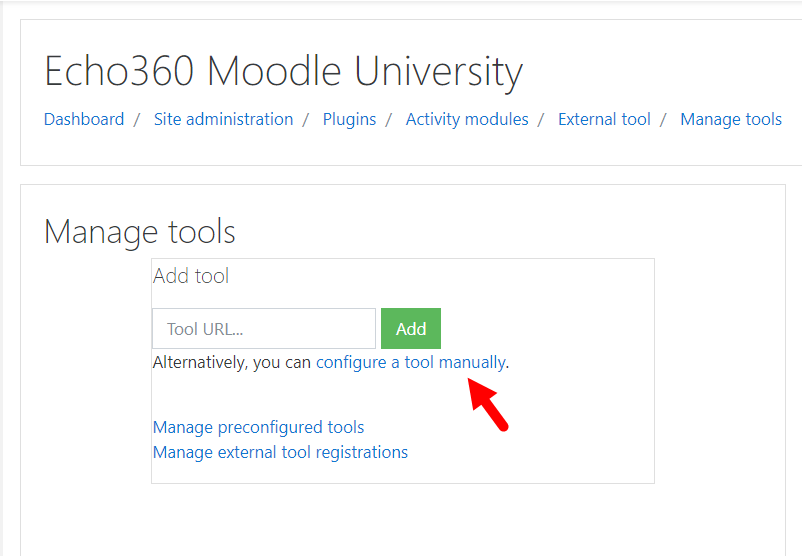 manage tools page with configure a tool manually link identified for steps as described