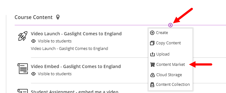 add course content plus button in blackboard ultra shown with content marketplace menu option identified