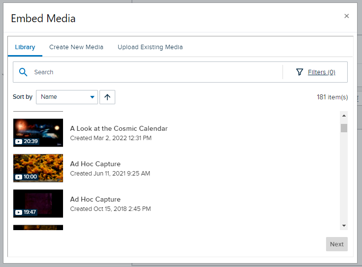 Embed echo360 media dialog box with library media listed as described and alternate upload and create options shown