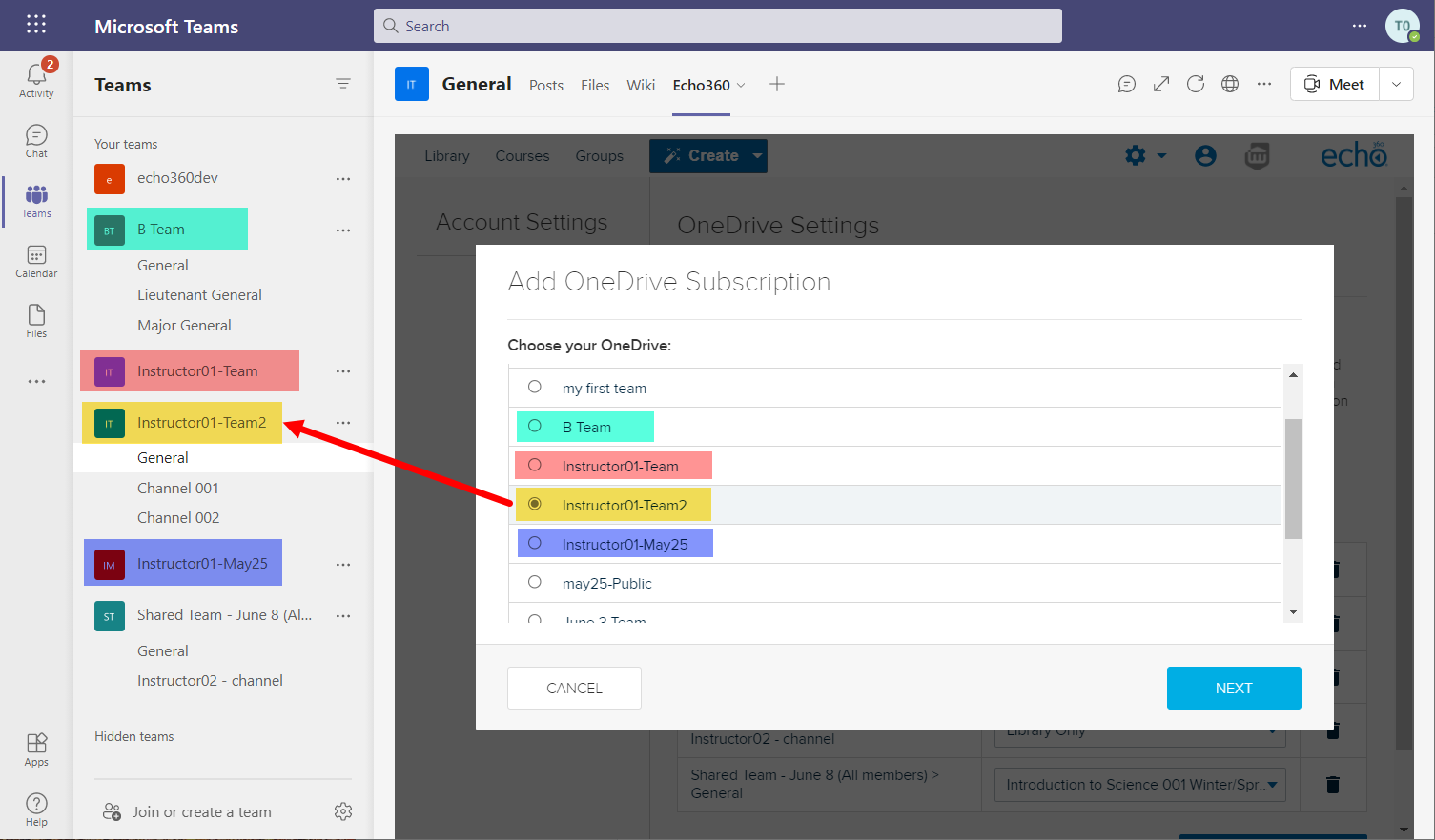 Select OneDrive Subscription site list with corresponding teams identified with color coding as described