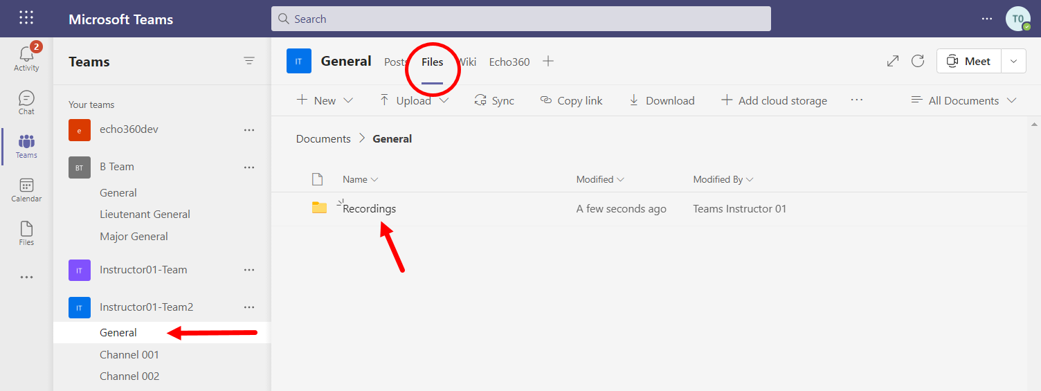 Teams General channel files tab open with Recordings folder showing as described