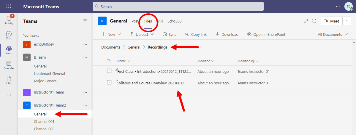 Recordings folder in Teams General Channel opein showing two Teams Meetings recordings as described