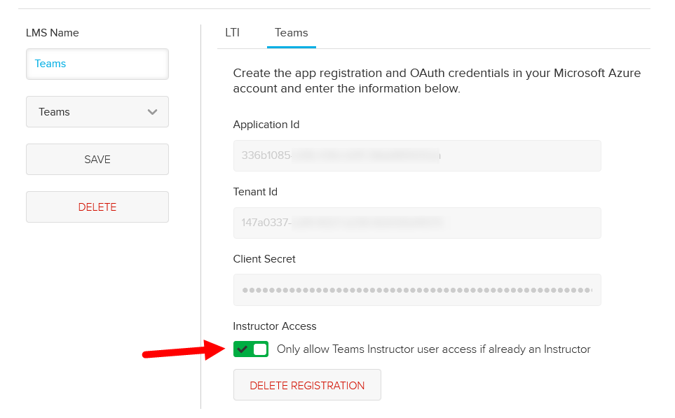Teams configuration block in Echo360 with Teams tab showing and prevent role escalation toggle identified as described