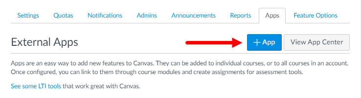 External Apps page in Canvas with Add App button identified for steps as described