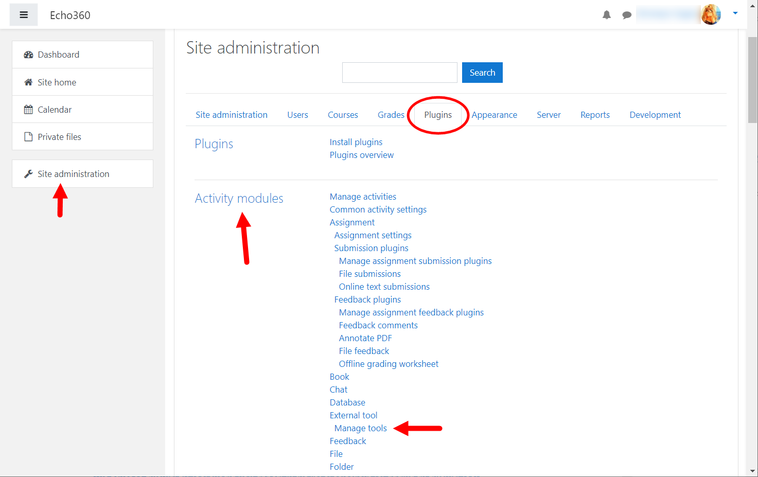 Moodle navigation to managing external tools for steps as described