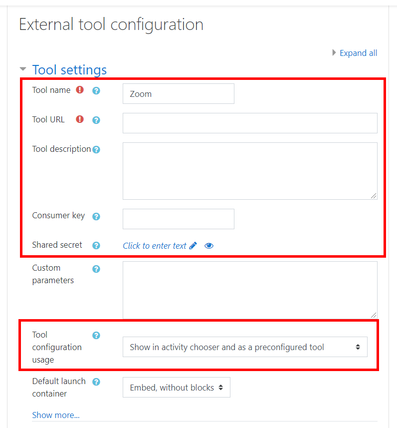 tool settings fields for Zoom tool configuration as described