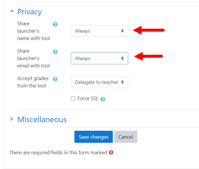 Moodle tool configuration Privacy settings with options selected as described