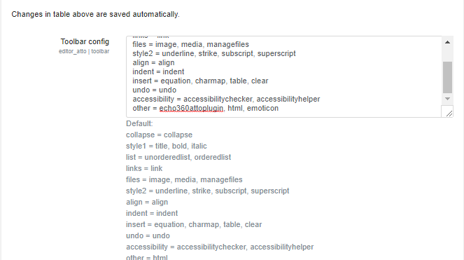 Atto Plugin toolbar config values with Echo360 plugin name added to Other as described