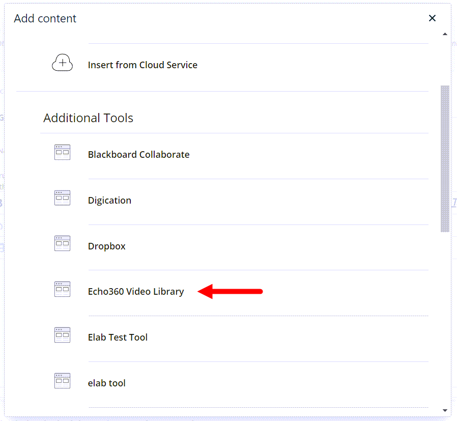 Blackboard add content tool list with EchoVideo video library tool identified as described