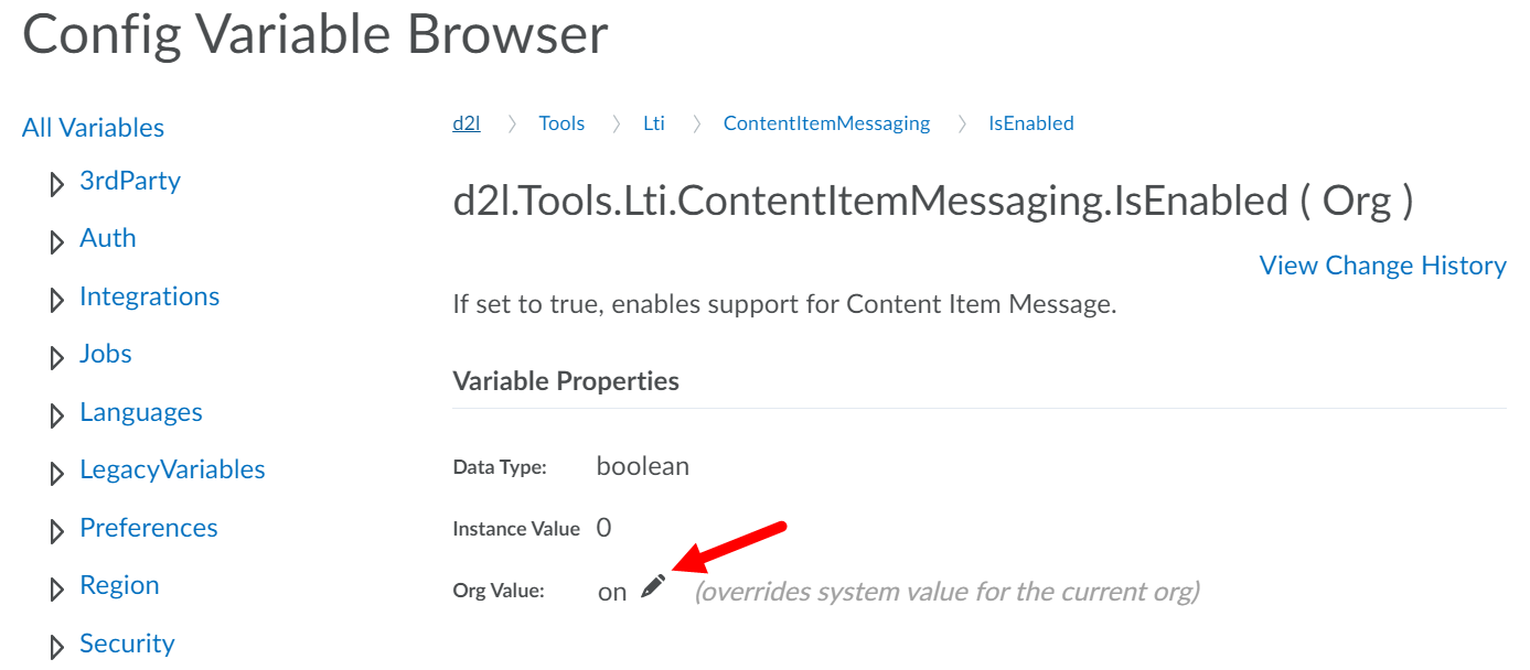 Content Item Messaging variable page with edit value icon identified as described