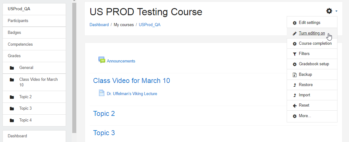 Course settings in Moodle with Turn editing on selection identified
