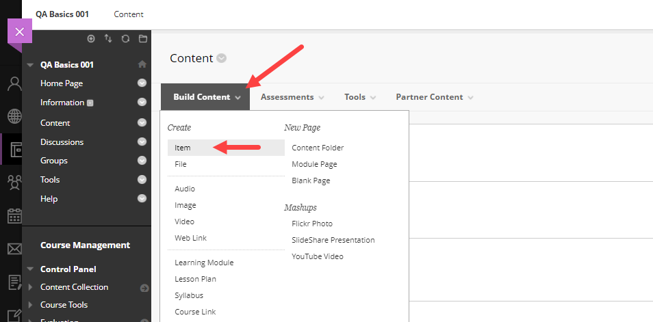 Blackboard course content menu open with add Item option identified as described